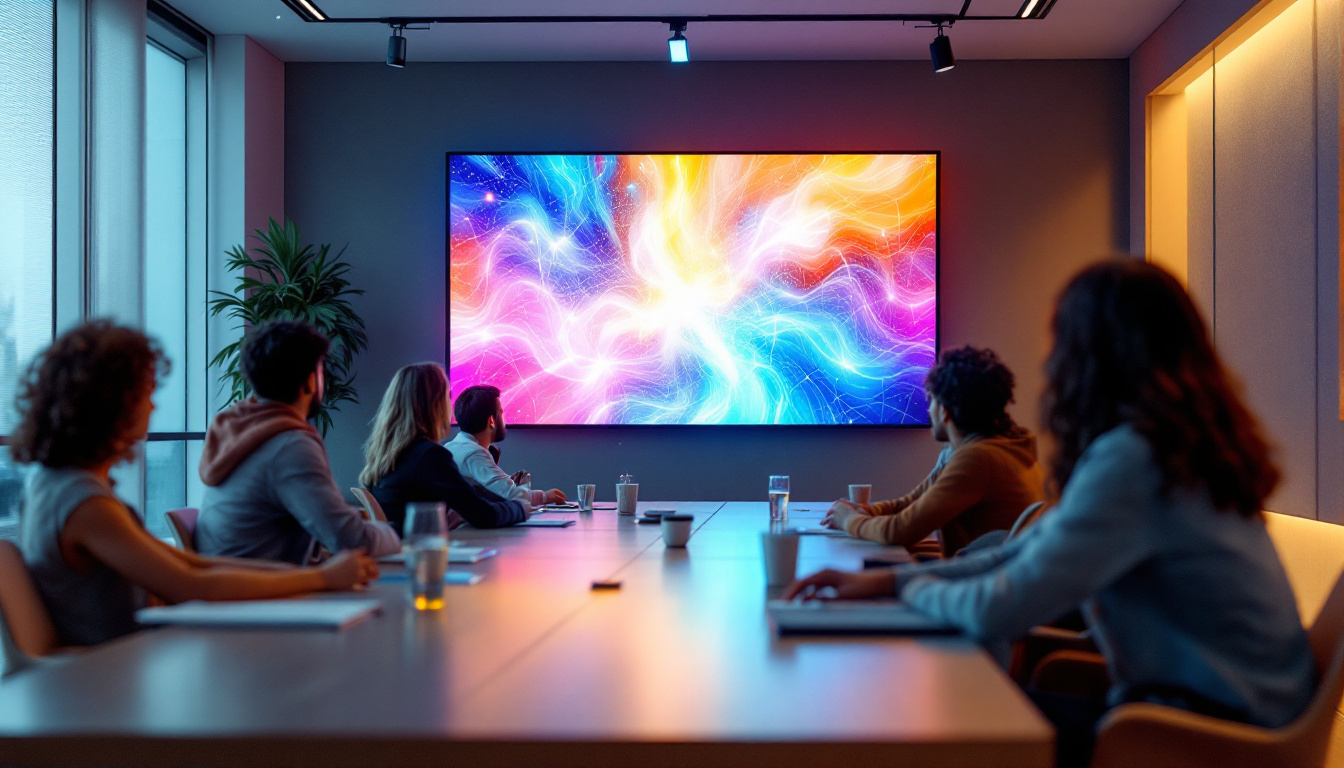 A photograph of a modern conference room featuring a vibrant led display in action