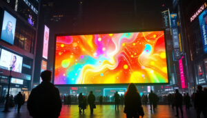 A photograph of a vibrant led display in a bustling urban environment