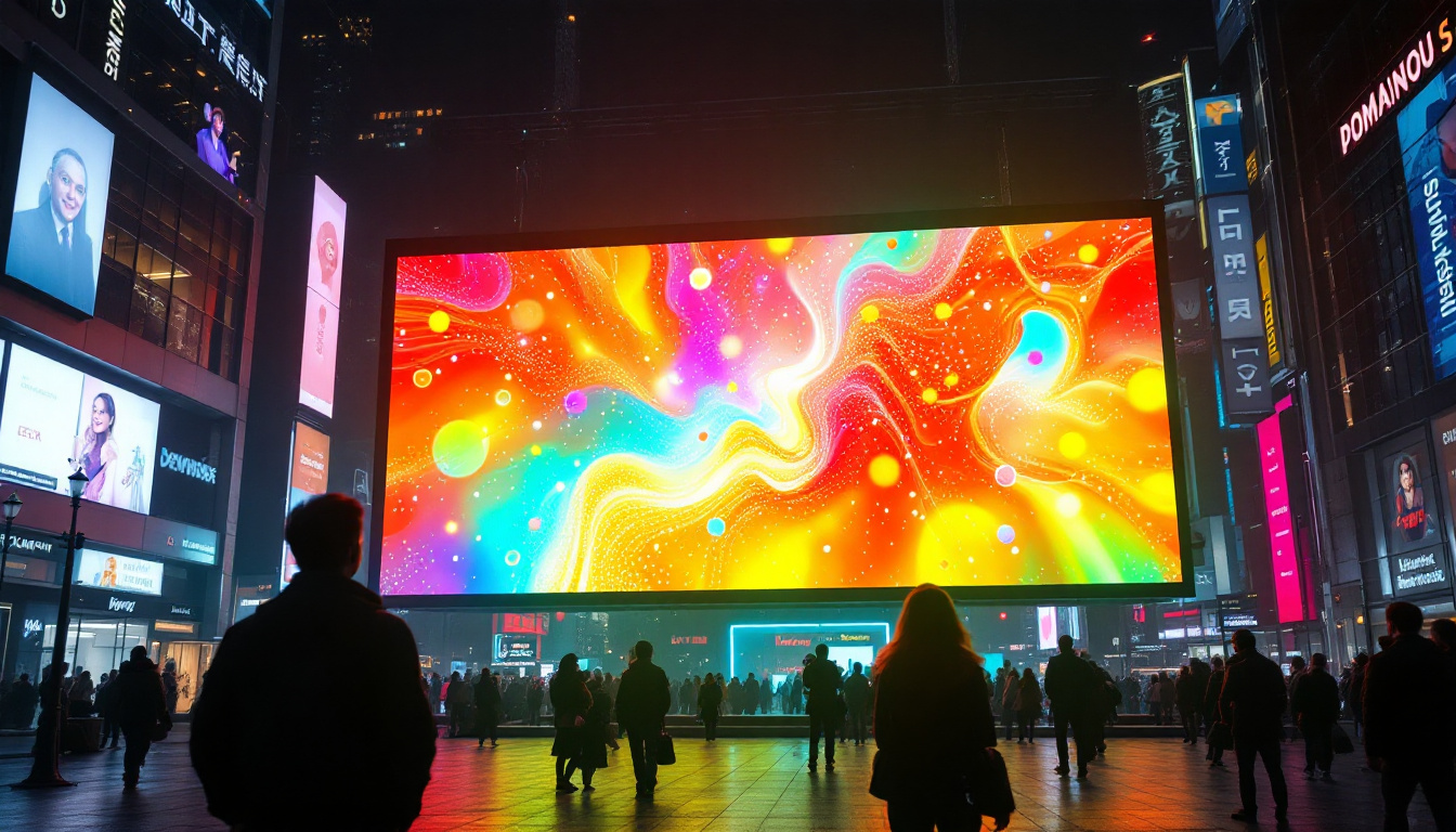 A photograph of a vibrant led display in a bustling urban environment