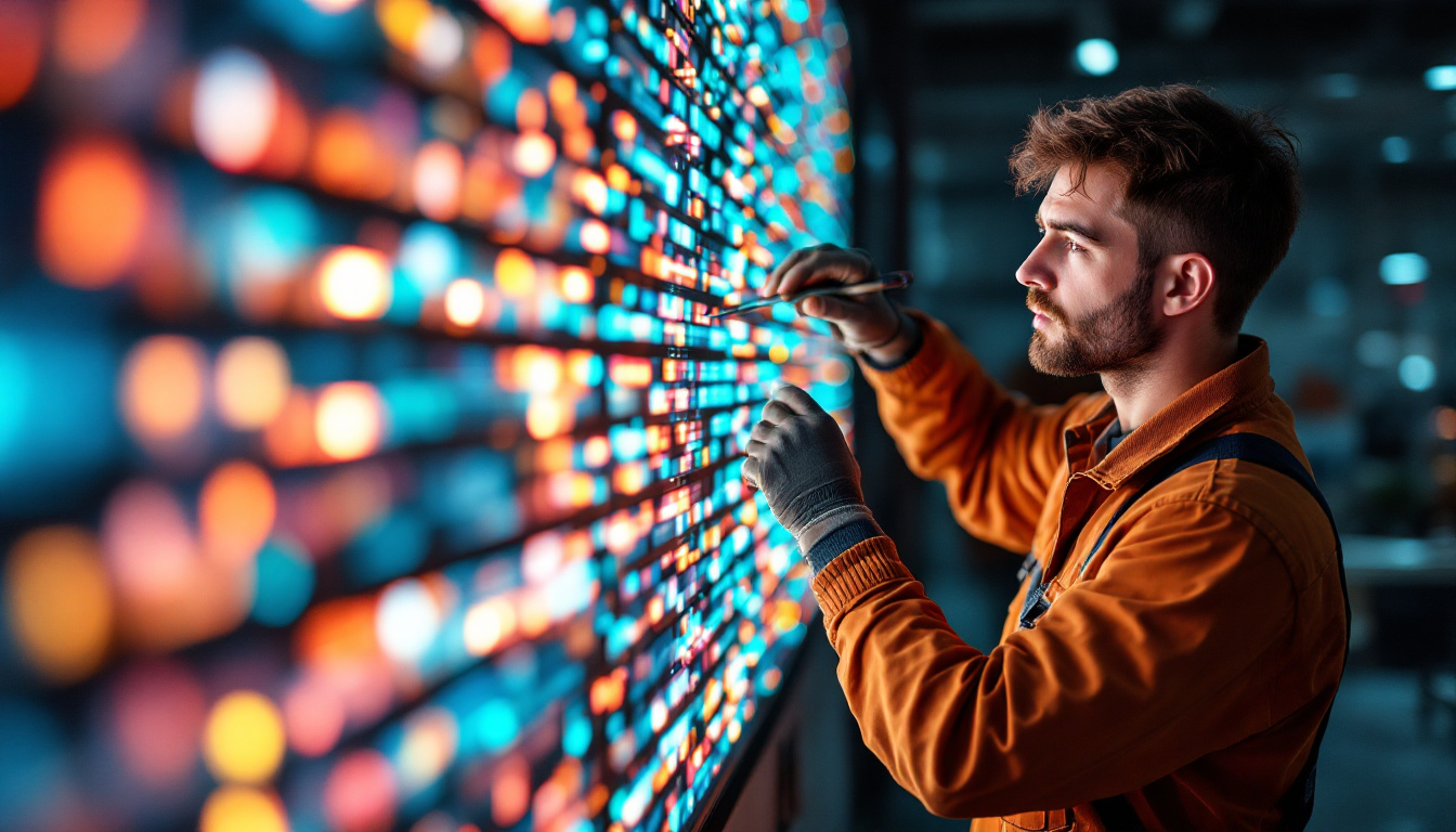 A photograph of a close-up shot of a technician expertly installing an led display screen