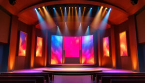 A photograph of capture a photograph of a beautifully designed church stage featuring warm wooden elements complemented by a vibrant led display