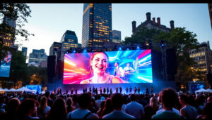 A photograph of a vibrant outdoor event in boston featuring a large led screen displaying dynamic visuals