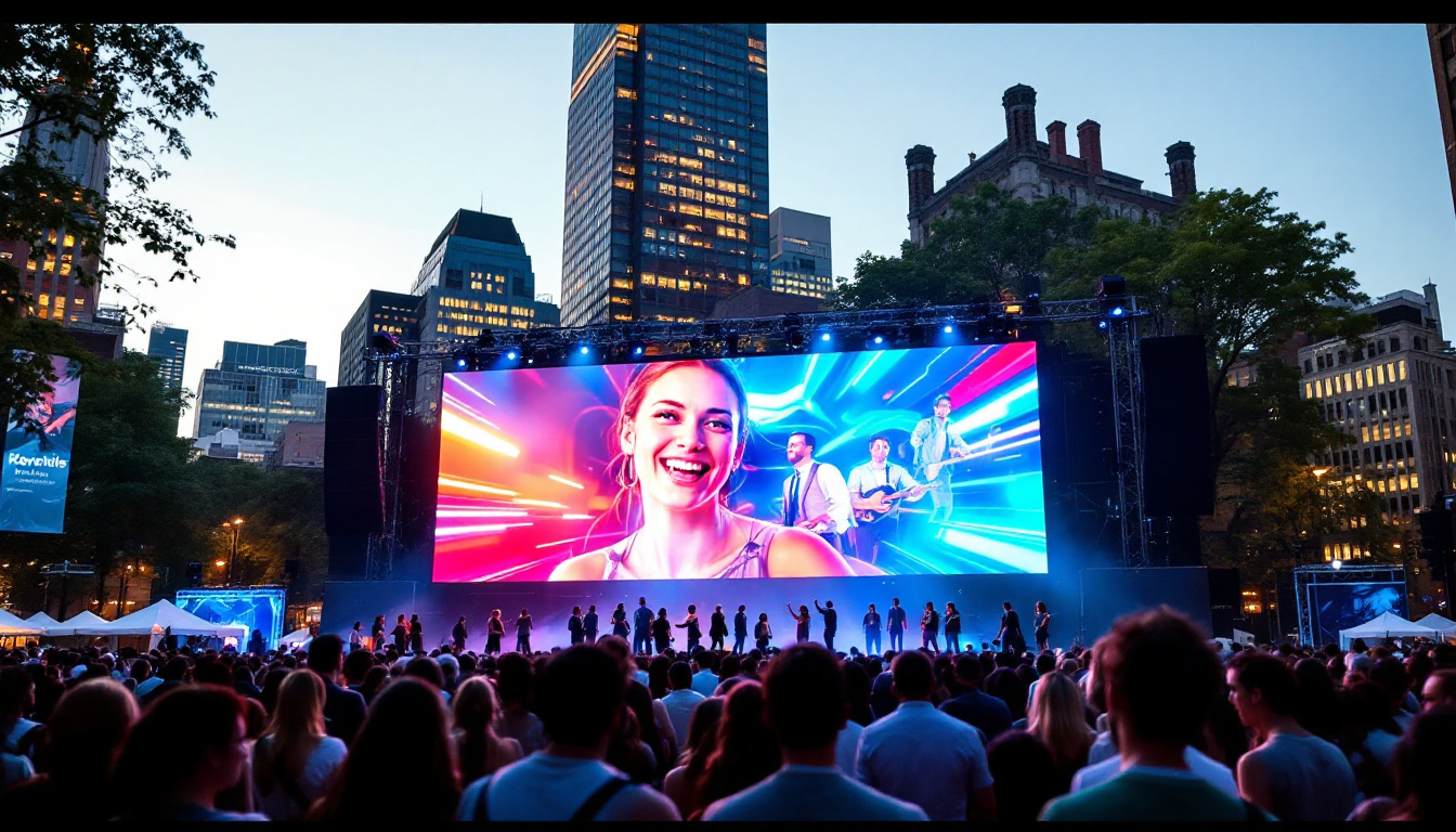 A photograph of a vibrant outdoor event in boston featuring a large led screen displaying dynamic visuals