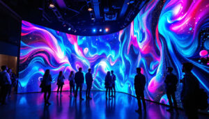 A photograph of a vibrant led video wall curtain in an engaging setting