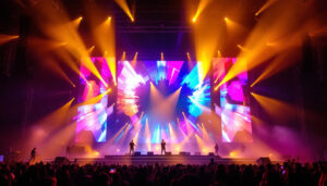 A photograph of a vibrant stage setup featuring an impressive led display