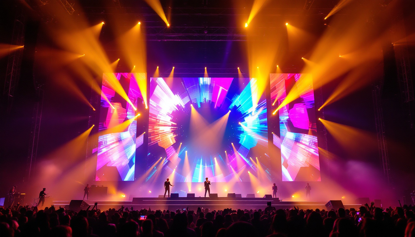 A photograph of a vibrant stage setup featuring an impressive led display