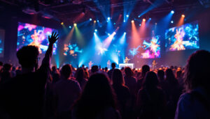 A photograph of capture a photograph of a vibrant led display in a ministry setting
