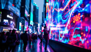 A photograph of a vibrant led display in a dynamic urban setting