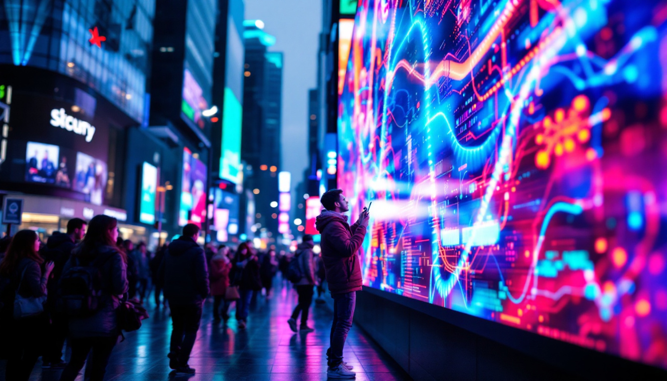 A photograph of a vibrant led display in a dynamic urban setting