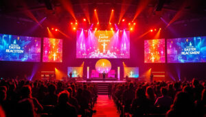A photograph of a vibrant easter-themed church service featuring a dynamic led display