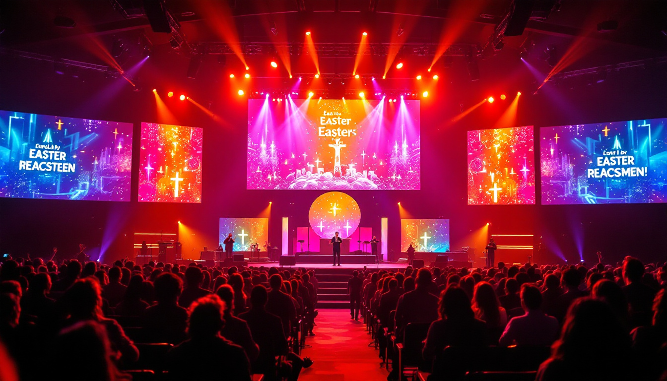 A photograph of a vibrant easter-themed church service featuring a dynamic led display