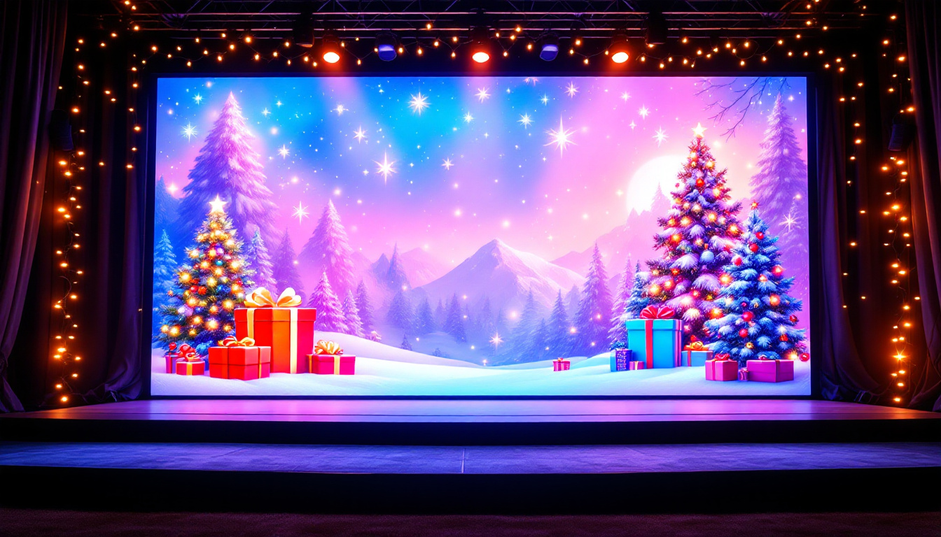 A photograph of a beautifully decorated stage backdrop featuring a vibrant led display