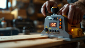 A photograph of a close-up shot of an electric planer with an led display
