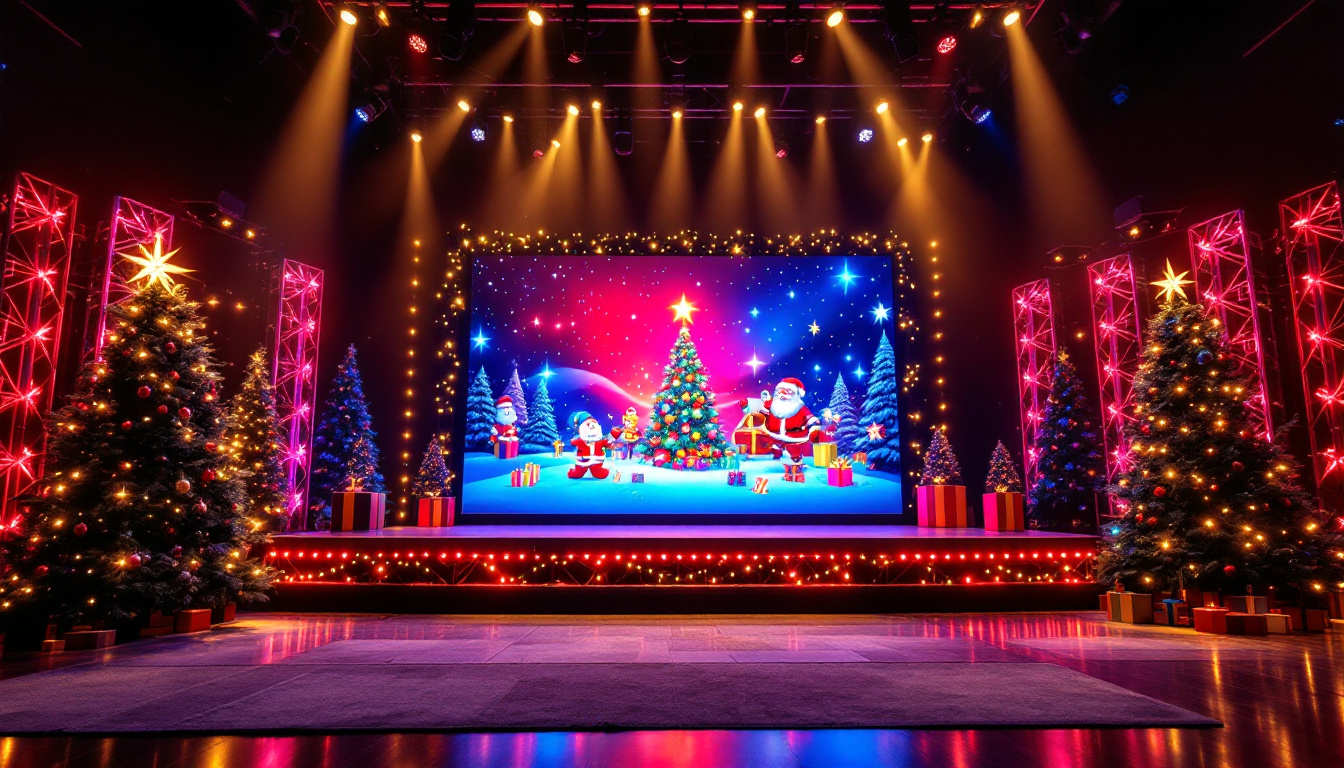 A photograph of a vibrant christmas stage backdrop featuring an led display