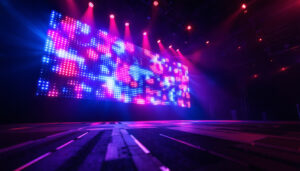 A photograph of a vibrant stage setup featuring an eye-catching led display in action