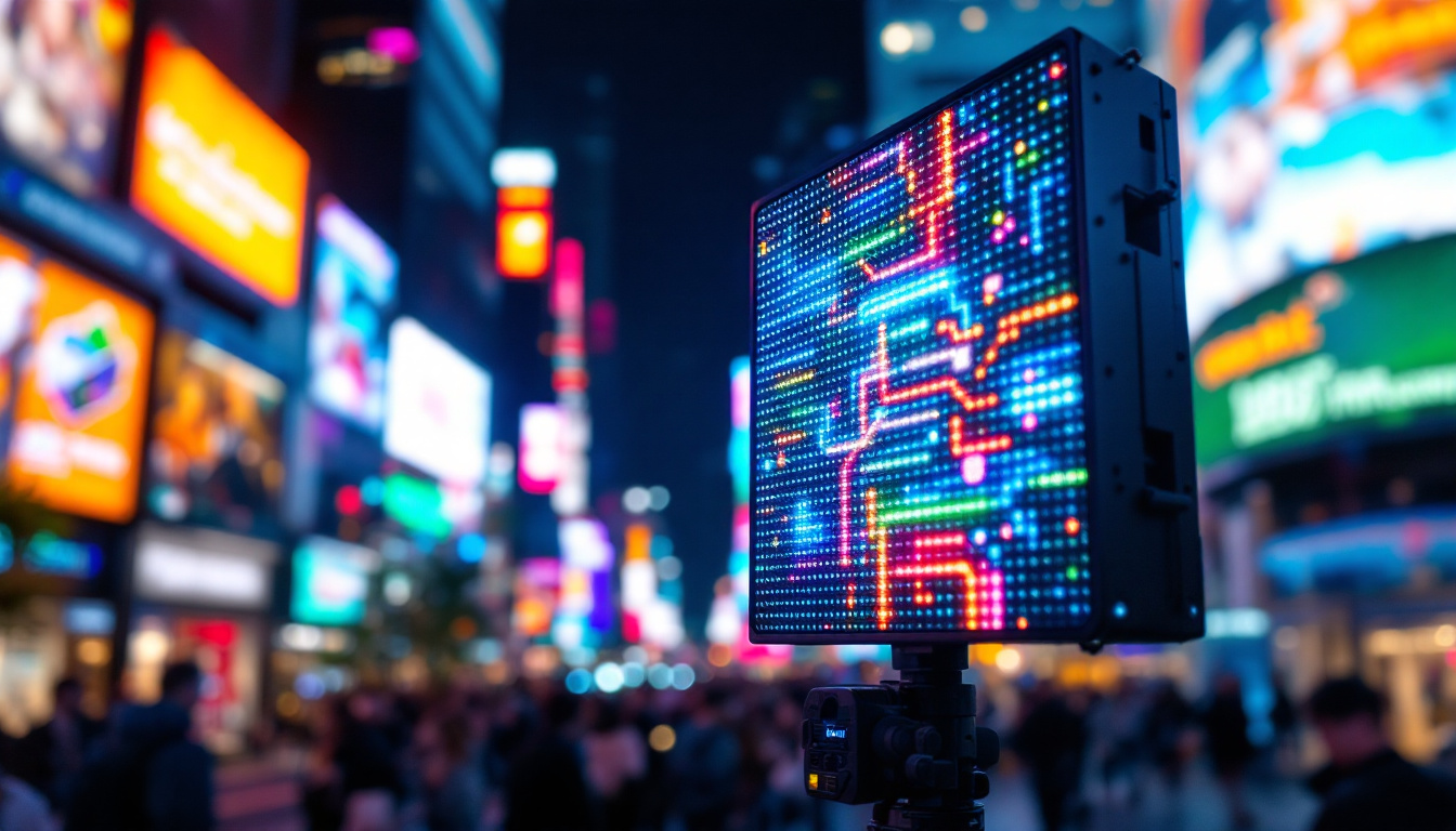A photograph of a vibrant led display in a bustling urban setting