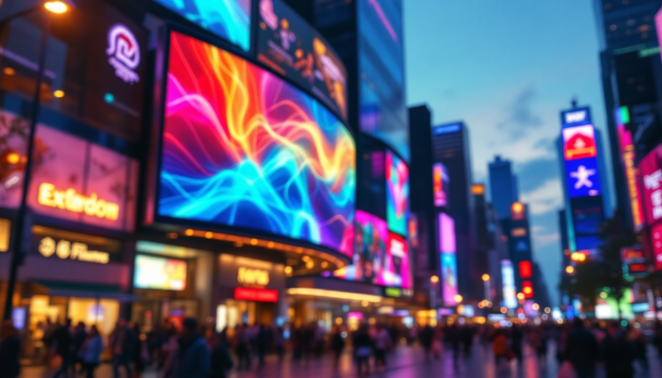 A photograph of a vibrant led display in a bustling urban setting