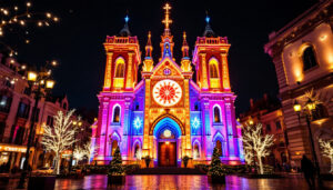 A photograph of capture a photograph of a beautifully illuminated church adorned with vibrant led displays