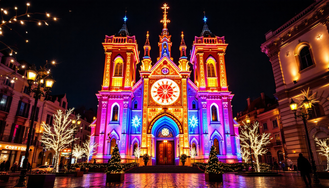 A photograph of capture a photograph of a beautifully illuminated church adorned with vibrant led displays