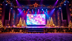 A photograph of a vibrant stage adorned with festive christmas decorations