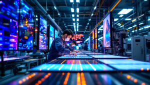 A photograph of a bustling chinese manufacturing facility showcasing led screens in various stages of production