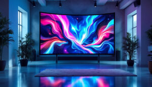 A photograph of a vibrant led flex screen displaying dynamic visuals in a modern setting