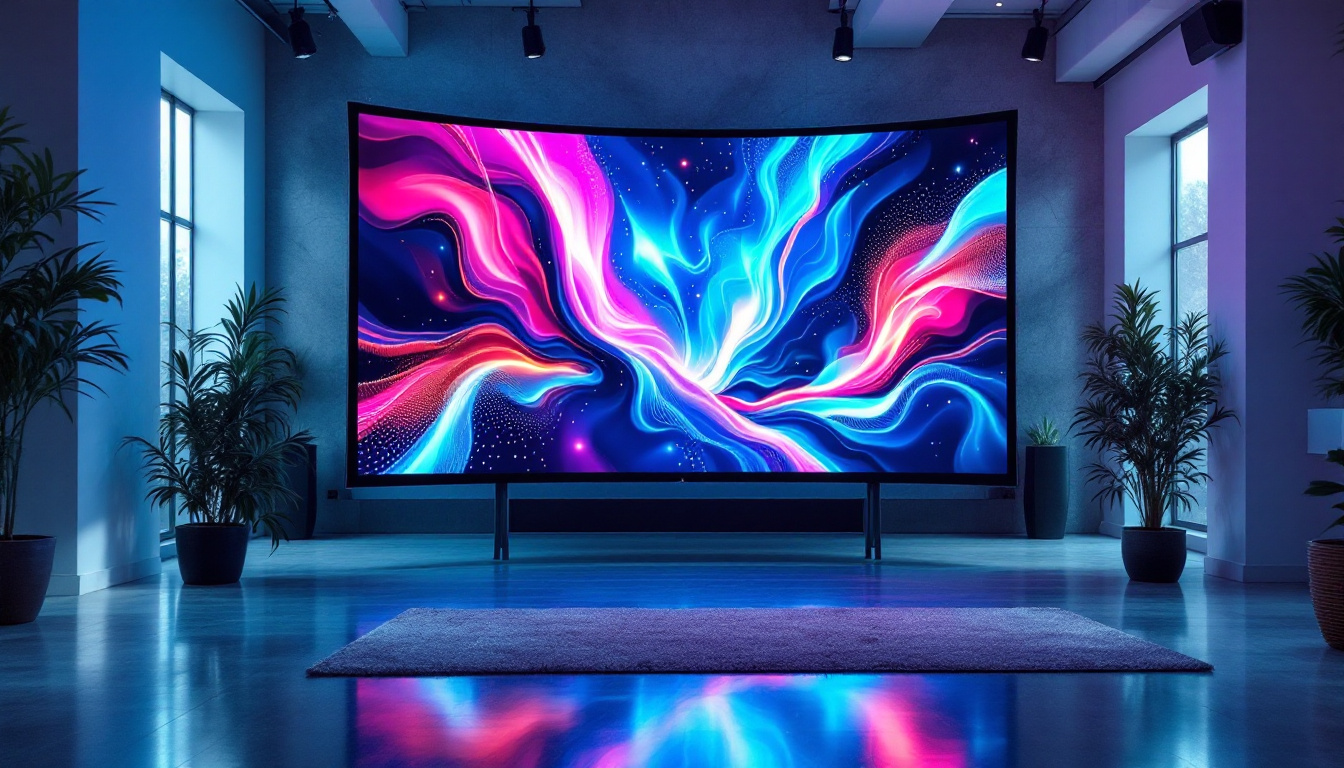 A photograph of a vibrant led flex screen displaying dynamic visuals in a modern setting