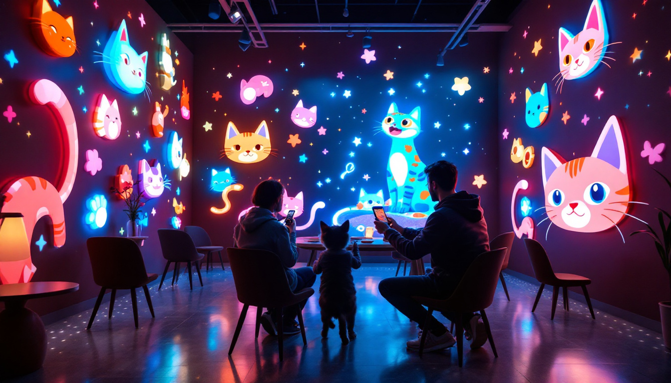 A photograph of capture a photograph of the vibrant 3d giant cat café