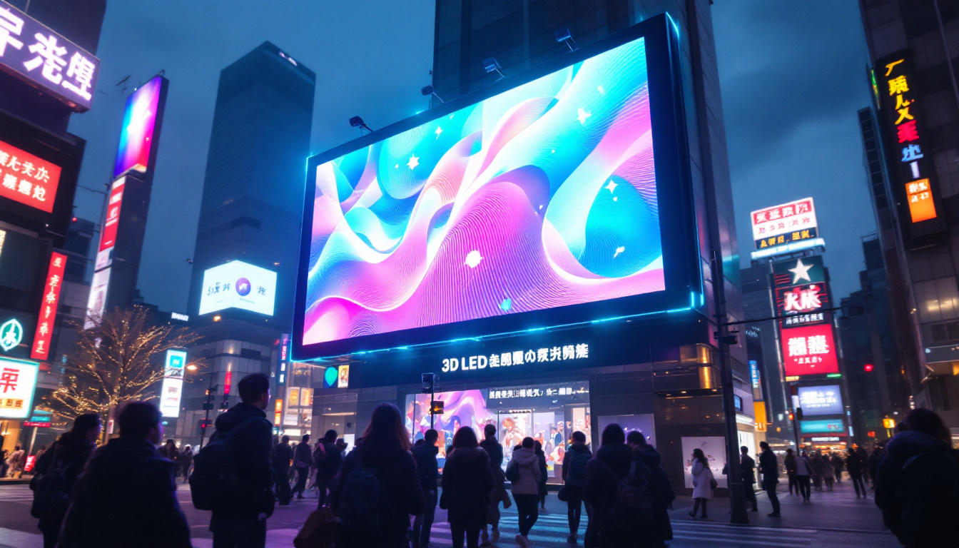 A photograph of a vibrant 3d led billboard in an urban setting in japan