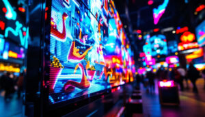 A photograph of a vibrant led display showcasing dynamic visuals