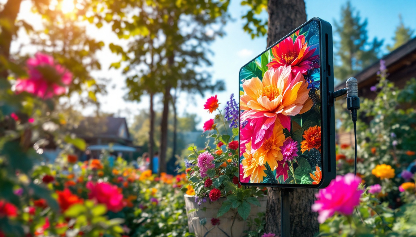 A photograph of a vibrant outdoor scene showcasing a waterproof lcd screen or led display in use