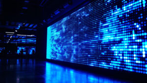 A photograph of a vibrant cyan led display in a dark setting