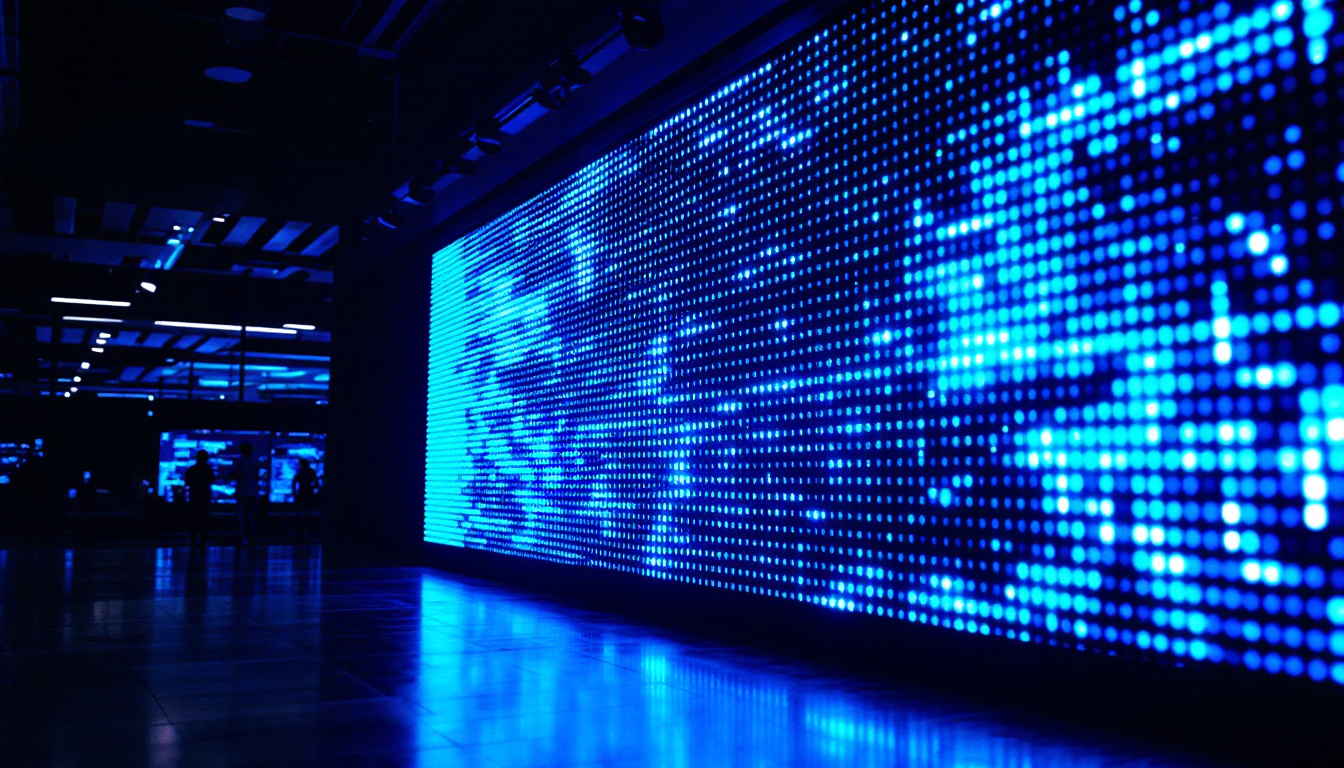 A photograph of a vibrant cyan led display in a dark setting