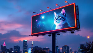 A photograph of a vibrant led billboard featuring an eye-catching cat design