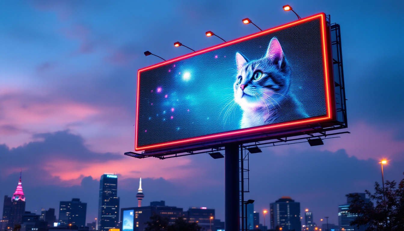 A photograph of a vibrant led billboard featuring an eye-catching cat design