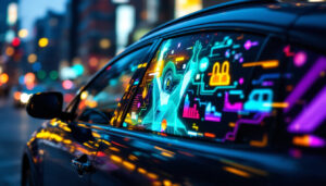 A photograph of a vibrant car window advertising screen featuring a dynamic led display
