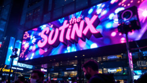 A photograph of a vibrant led display showcasing dynamic visuals or text