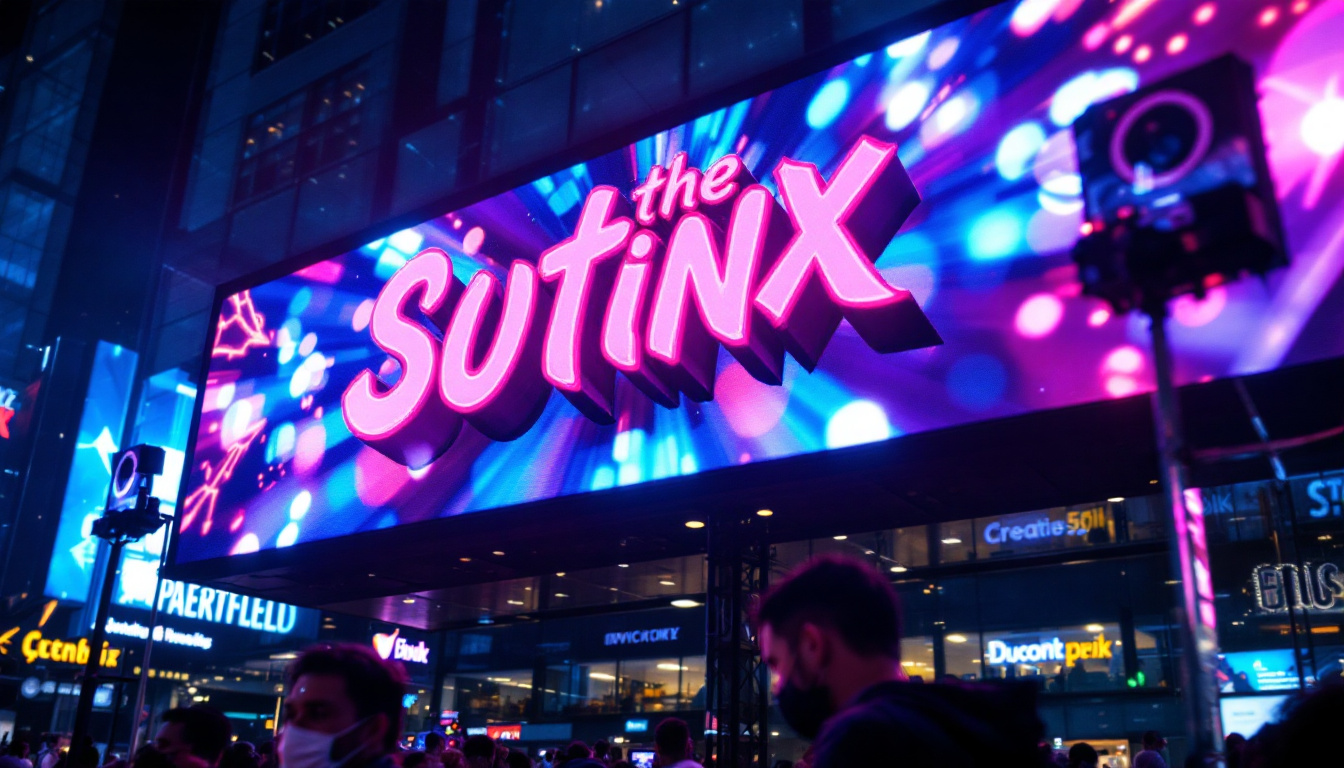 A photograph of a vibrant led display showcasing dynamic visuals or text