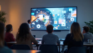 A photograph of a classroom setting featuring an interactive projector in use