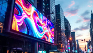 A photograph of a vibrant 3d led billboard in an urban setting