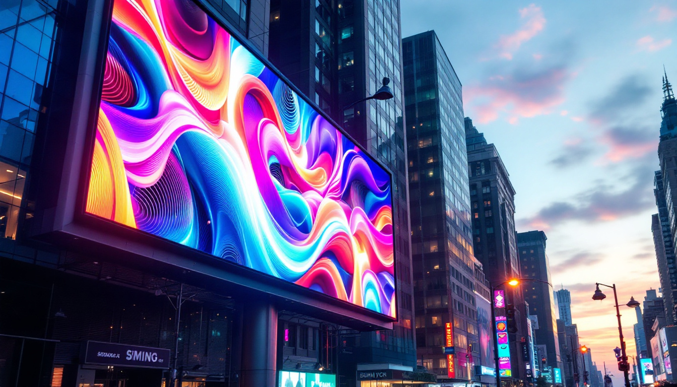 A photograph of a vibrant 3d led billboard in an urban setting