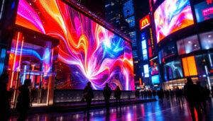 A photograph of capture a photograph of a vibrant led display showcasing dynamic visuals in an urban setting