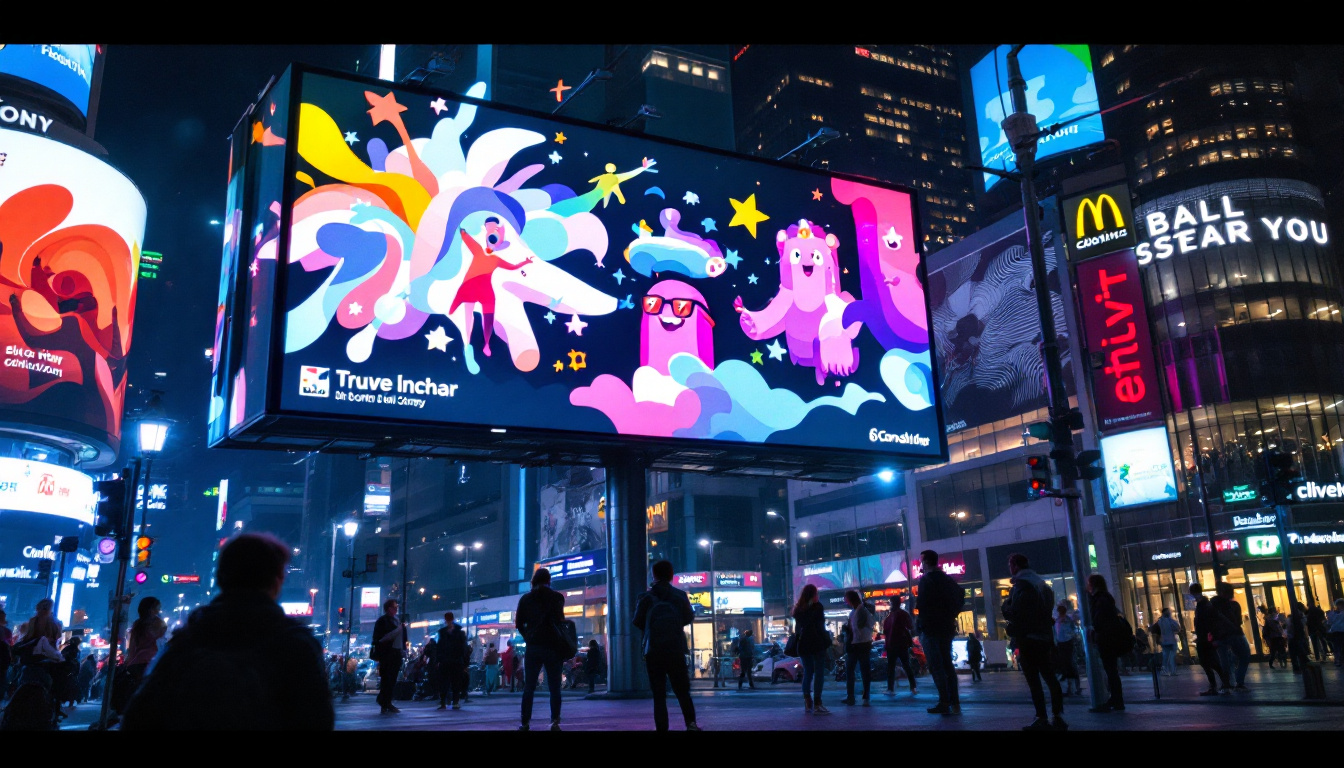 A photograph of a vibrant urban scene featuring a large led digital billboard displaying dynamic advertisements