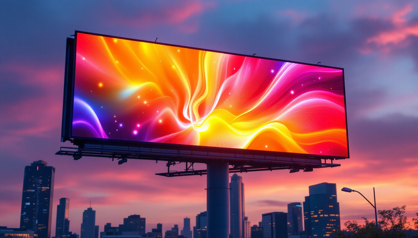 A photograph of a vibrant led billboard displaying an eye-catching advertisement at dusk