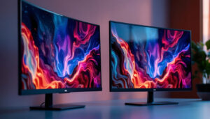 A photograph of a side-by-side comparison of an lcd and an led display