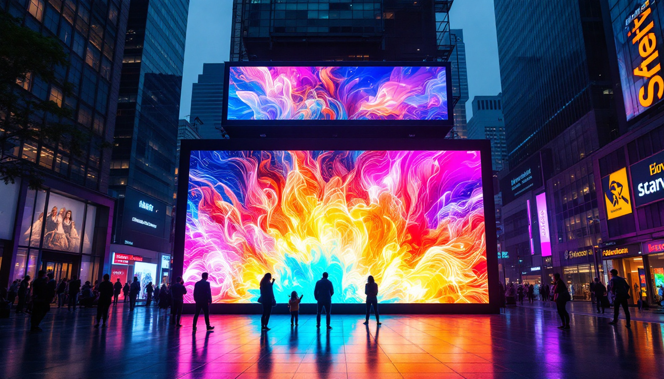 A photograph of a vibrant led display in a bustling urban setting