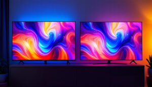 A photograph of a side-by-side comparison of an led tv and an lcd tv displaying the same vibrant image