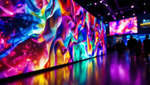 A photograph of a vibrant led screen fabric display in an engaging setting
