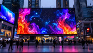 A photograph of a vibrant custom jumbotron led display in an urban setting