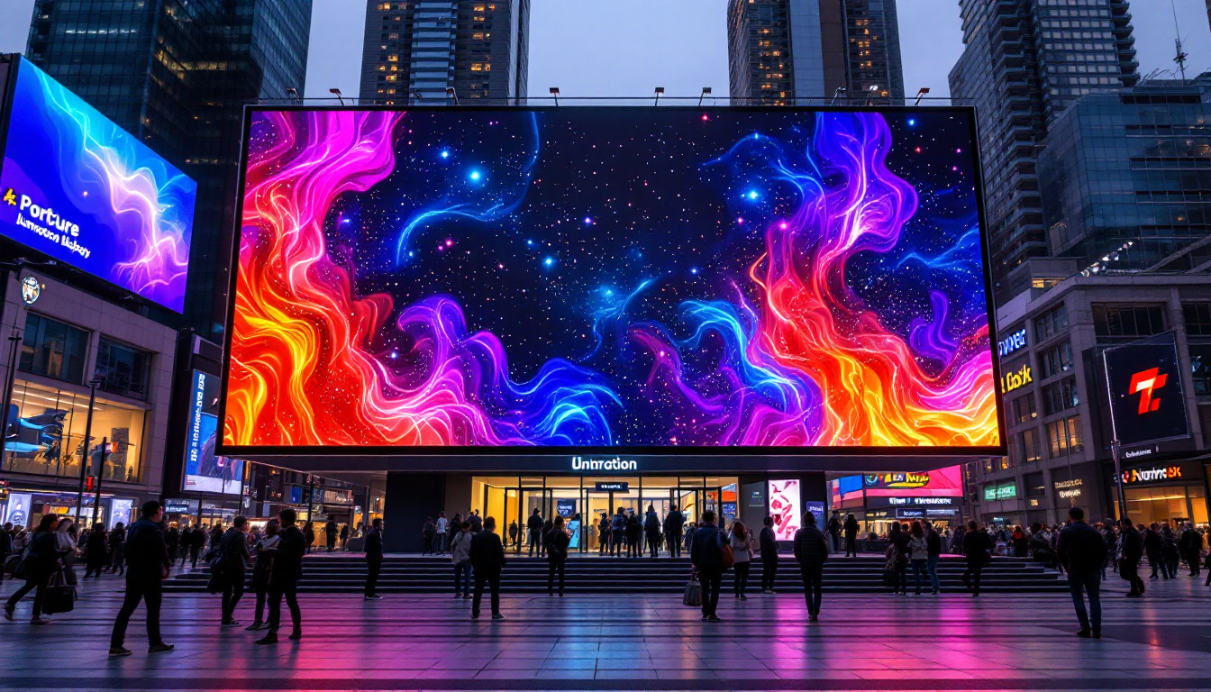 A photograph of a vibrant custom jumbotron led display in an urban setting